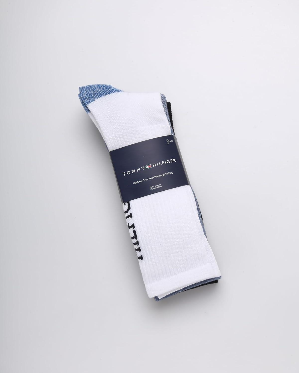 imageTommy Hilfiger Mens Crew Socks 3 Pack Cotton Blend Cushioned Athletic Performance Crew Length Running Socks for MenWhite Blue Assorted