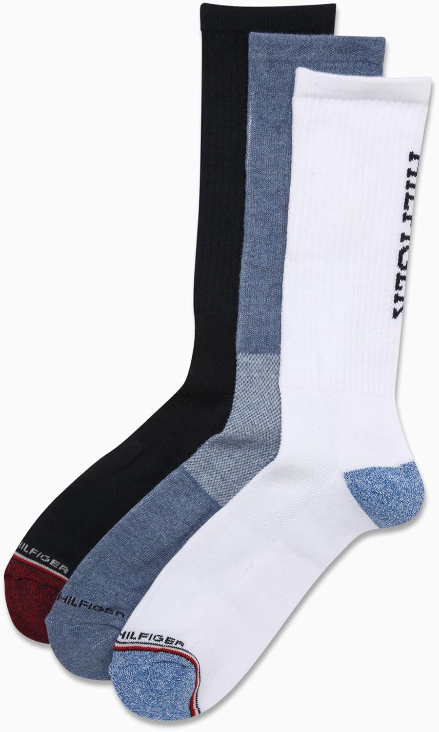 imageTommy Hilfiger Mens Crew Socks 3 Pack Cotton Blend Cushioned Athletic Performance Crew Length Running Socks for MenWhite Blue Assorted