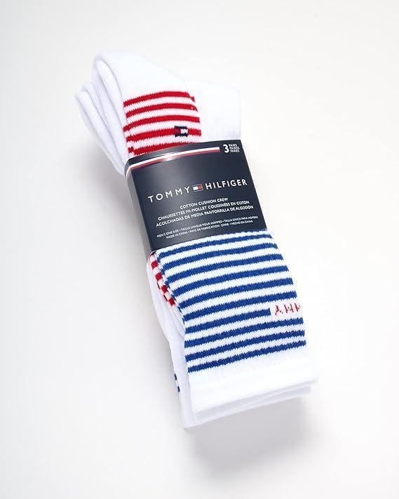 imageTommy Hilfiger Mens Crew Socks 3 Pack Cotton Blend Cushioned Athletic Performance Crew Length Running Socks for MenWhite Stripe