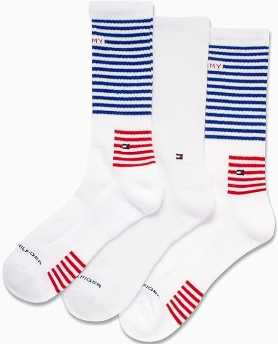 imageTommy Hilfiger Mens Crew Socks 3 Pack Cotton Blend Cushioned Athletic Performance Crew Length Running Socks for MenWhite Stripe