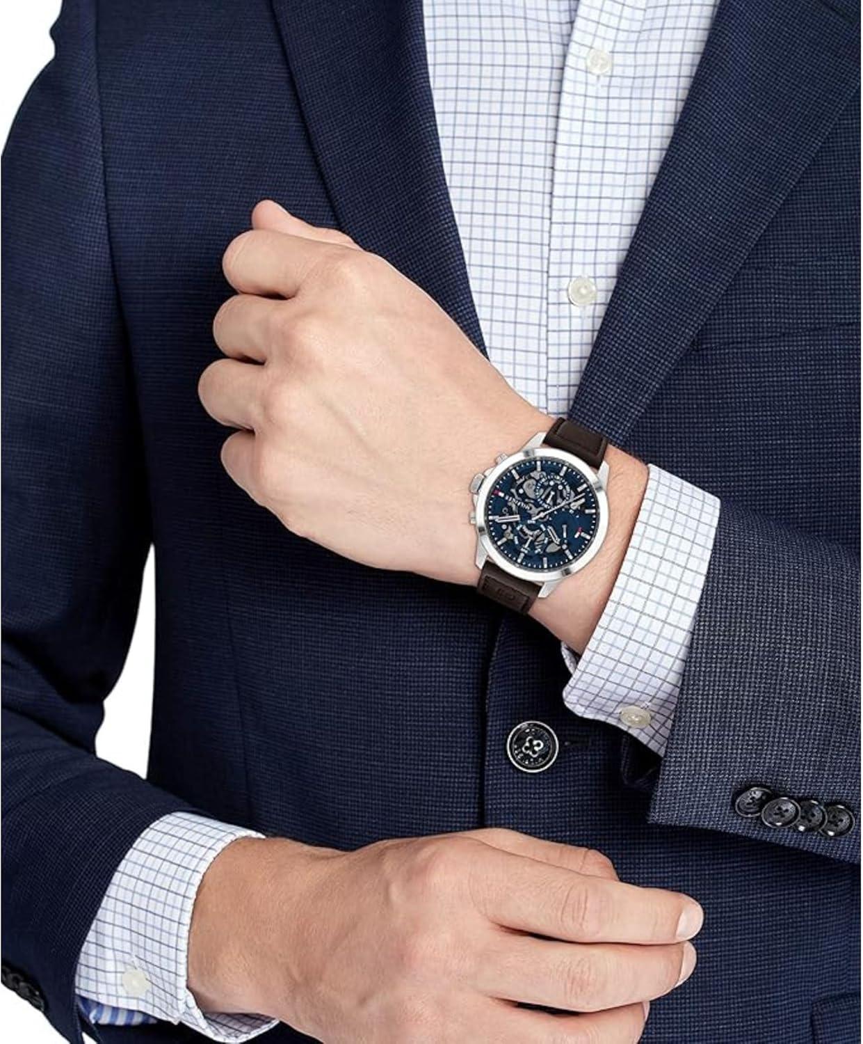 imageTommy Hilfiger Mens Dressy Watch Quartz Multifunction Stainless Steel Case Skeleton Dial Link Bracelet Gift for HimBlack