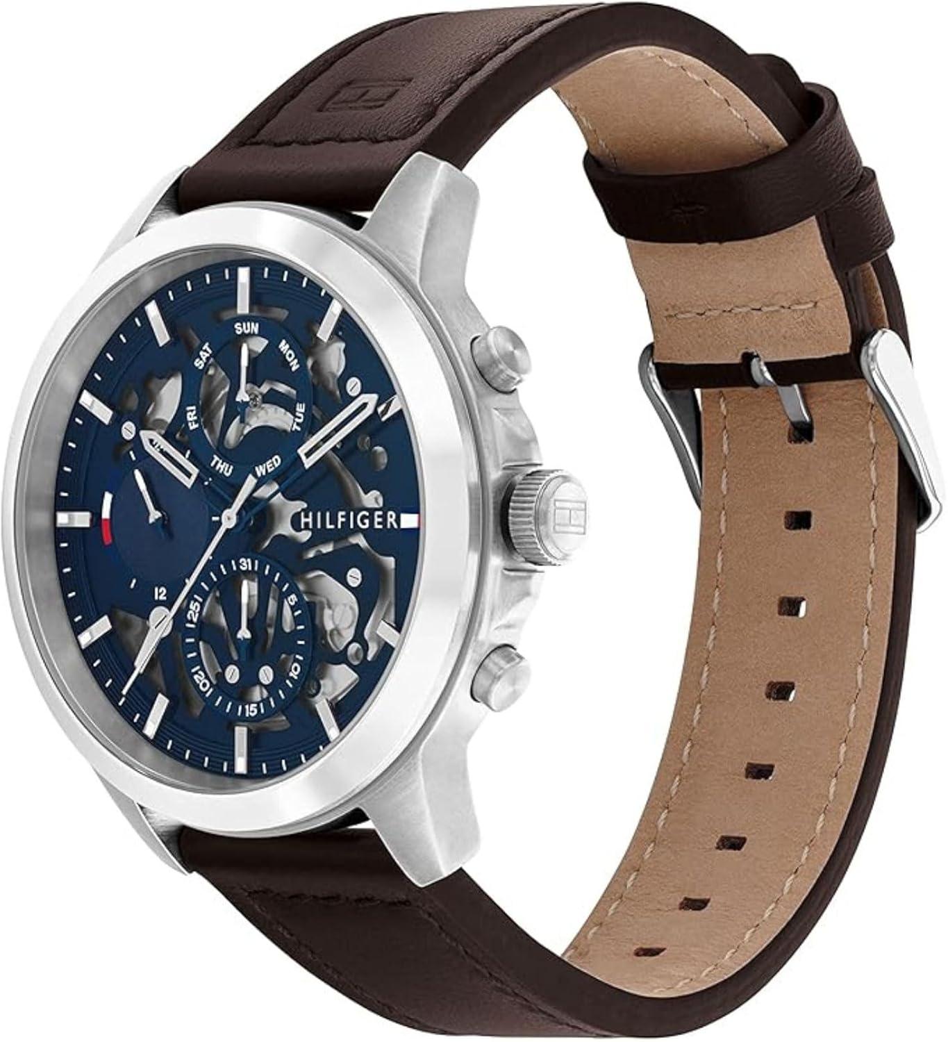 imageTommy Hilfiger Mens Dressy Watch Quartz Multifunction Stainless Steel Case Skeleton Dial Link Bracelet Gift for HimBlack