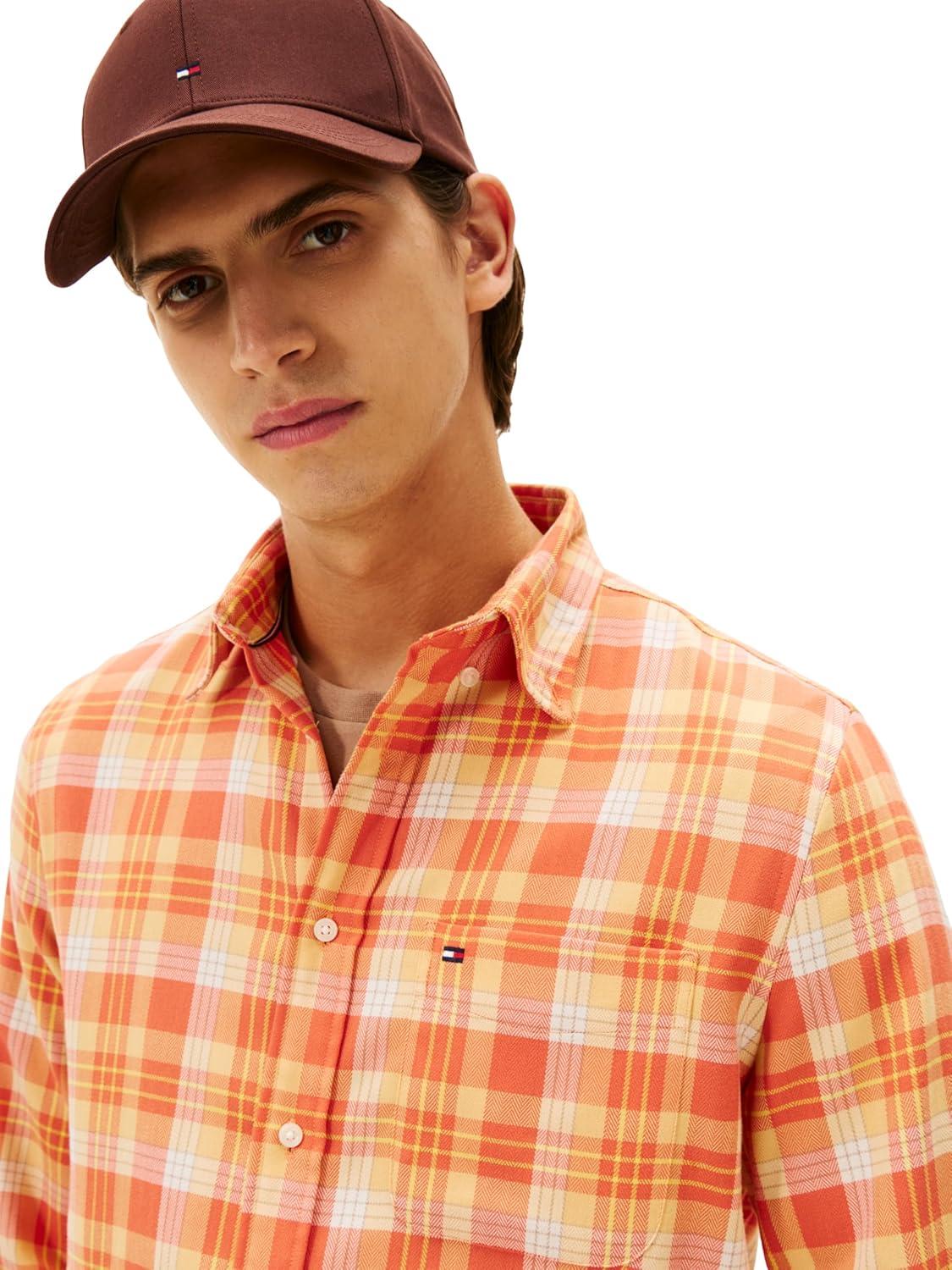 imageTommy Hilfiger Mens Long Sleeve Checked Shirts in Regular Fit Mens Button Down ShirtBrilliant Orange Check