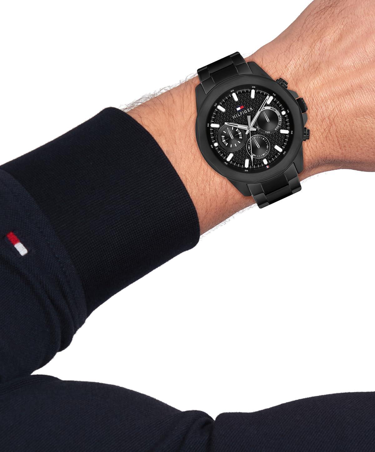 imageTommy Hilfiger Mens Multifunction Quartz Watch Stainless Steel Case 5 ATM Water Resistant Urban Style Timepiece Gift for HimBlack