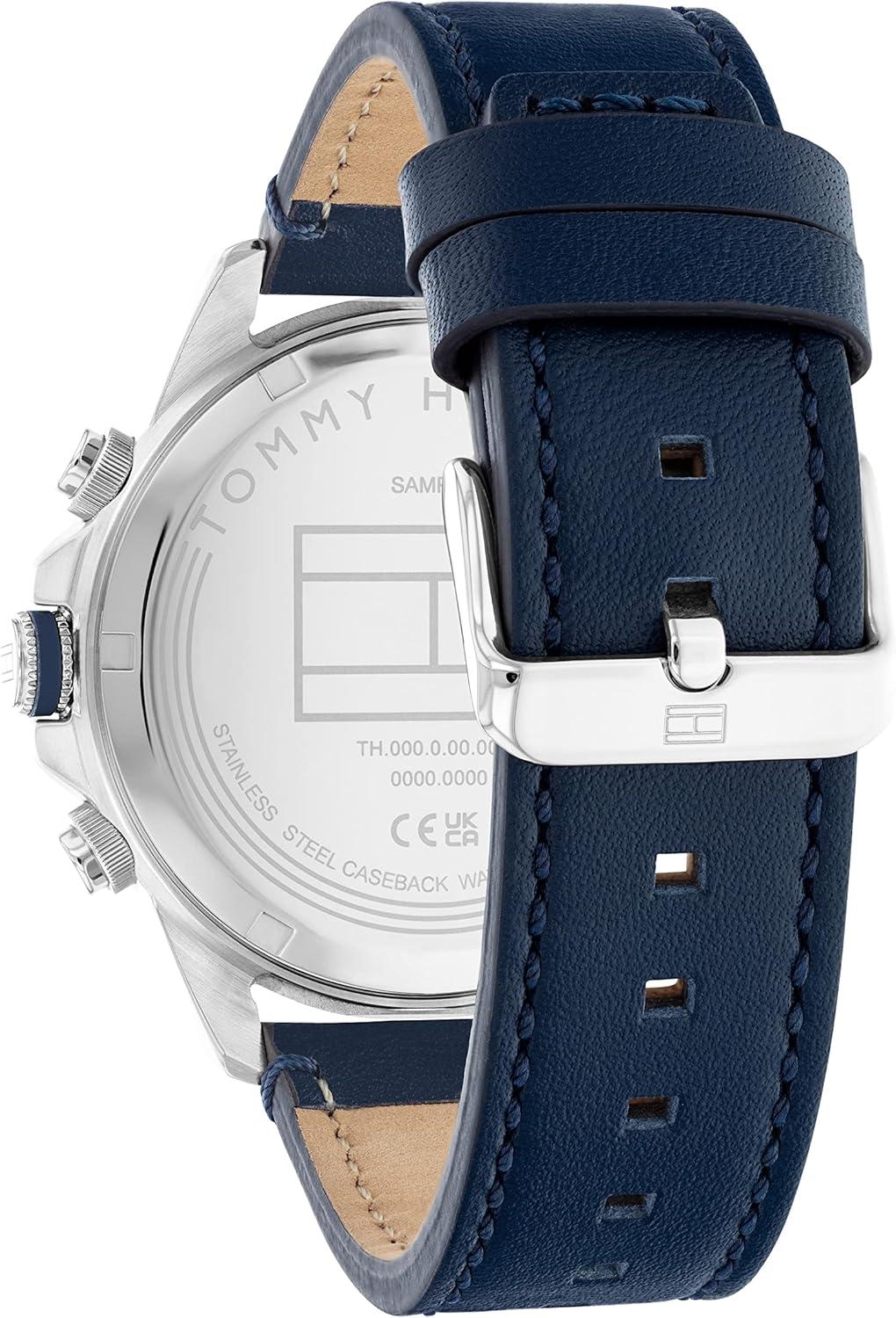 imageTommy Hilfiger Mens Multifunction Quartz Watch Stainless Steel Case 5 ATM Water Resistant Urban Style Timepiece Gift for HimBlueLeather