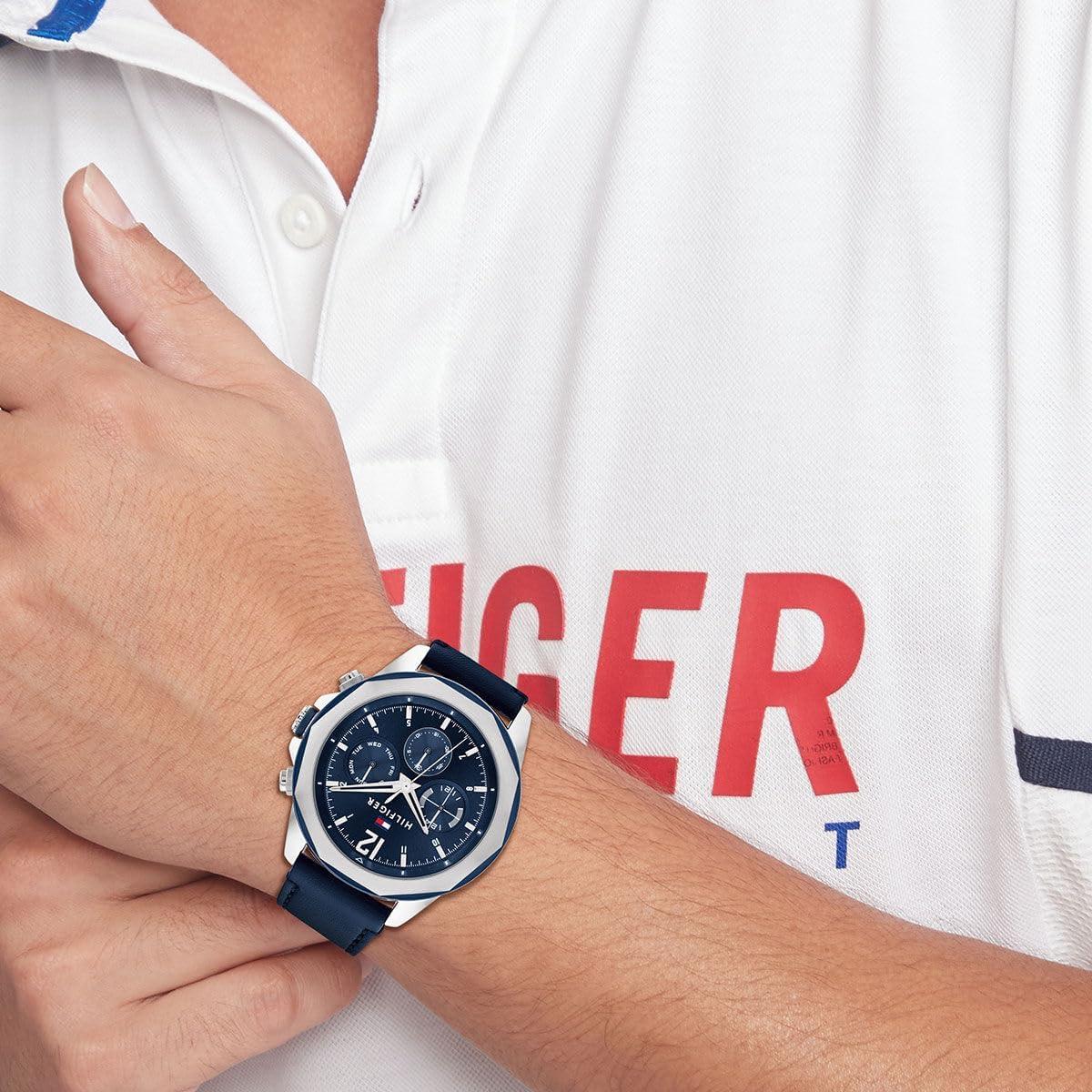 imageTommy Hilfiger Mens Multifunction Quartz Watch Stainless Steel Case 5 ATM Water Resistant Urban Style Timepiece Gift for HimBlueLeather
