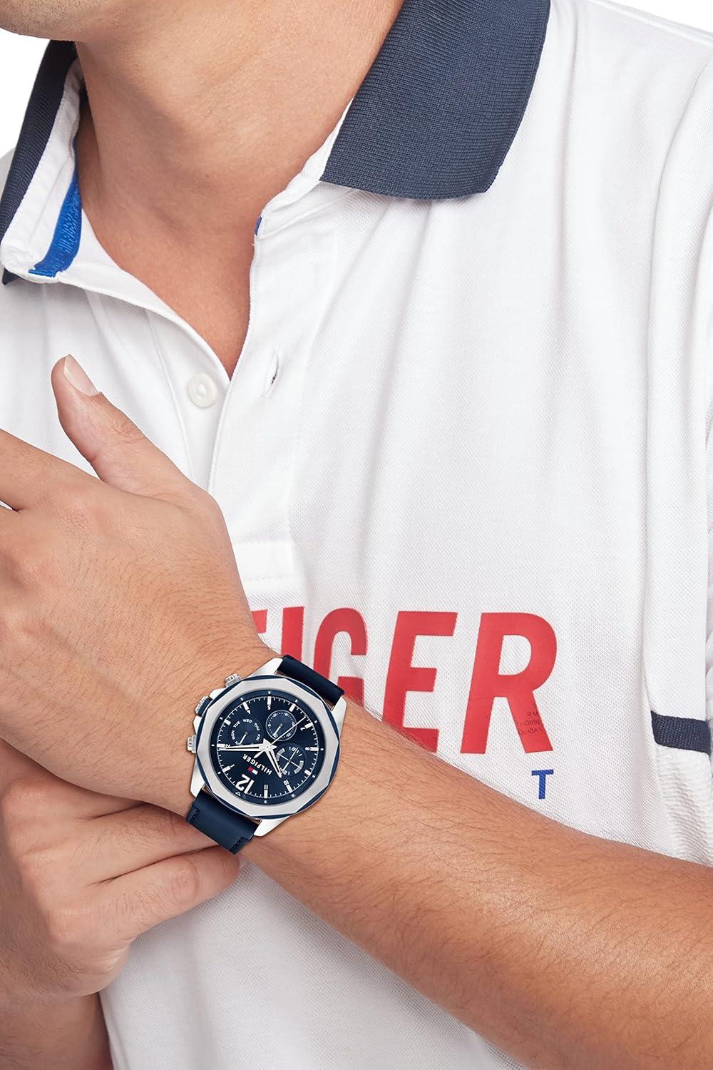 imageTommy Hilfiger Mens Multifunction Quartz Watch Stainless Steel Case 5 ATM Water Resistant Urban Style Timepiece Gift for HimBlueLeather