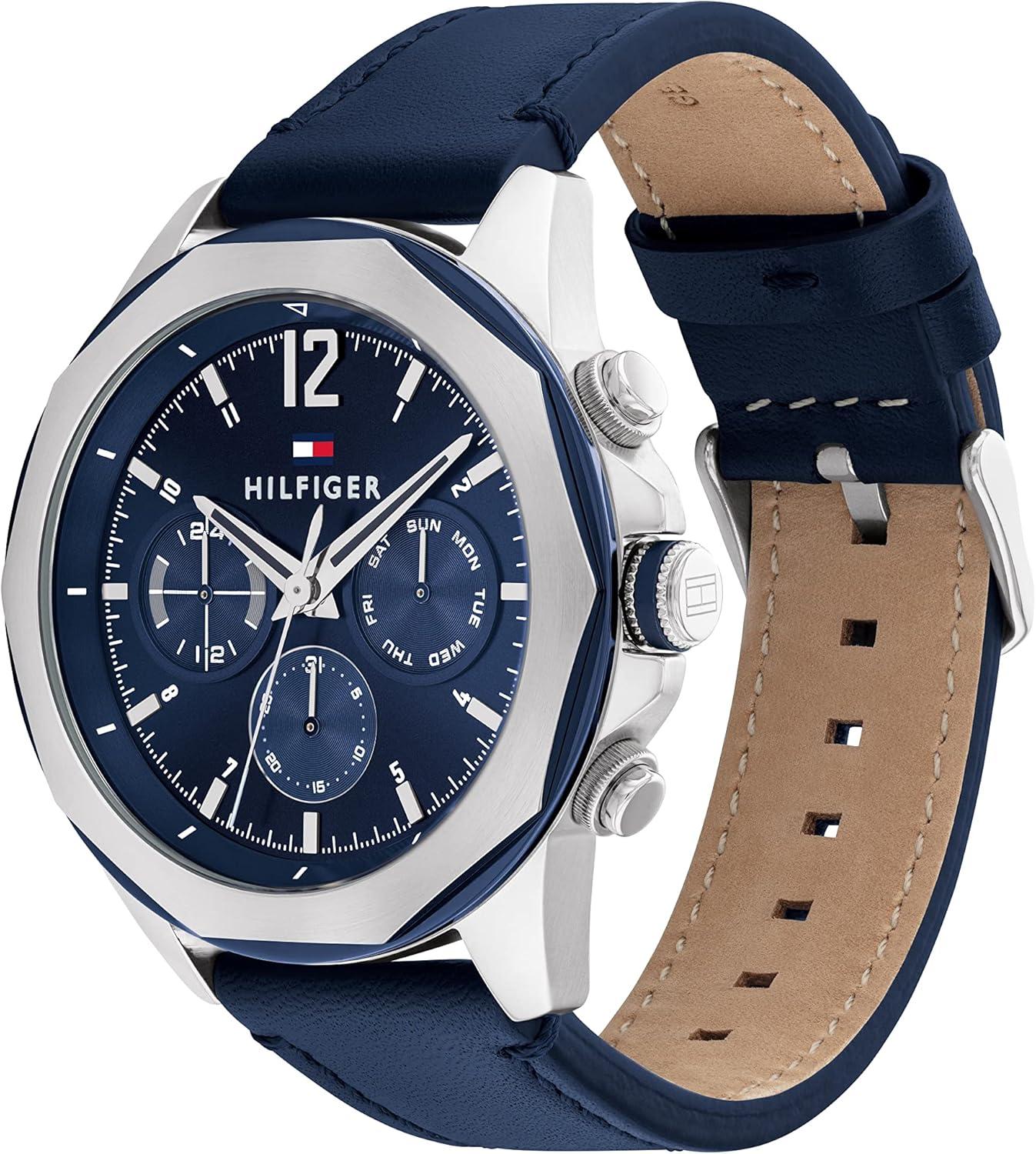 imageTommy Hilfiger Mens Multifunction Quartz Watch Stainless Steel Case 5 ATM Water Resistant Urban Style Timepiece Gift for HimBlueLeather