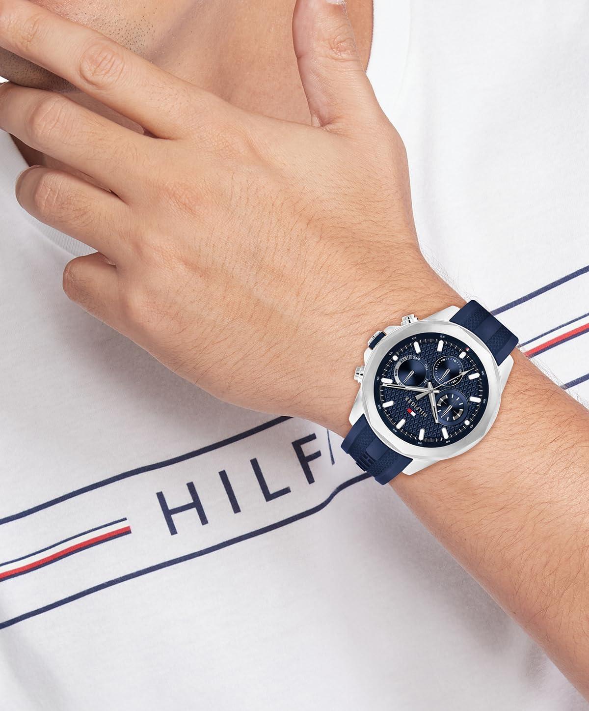 imageTommy Hilfiger Mens Multifunction Quartz Watch Stainless Steel Case 5 ATM Water Resistant Urban Style Timepiece Gift for HimBlueSilicone