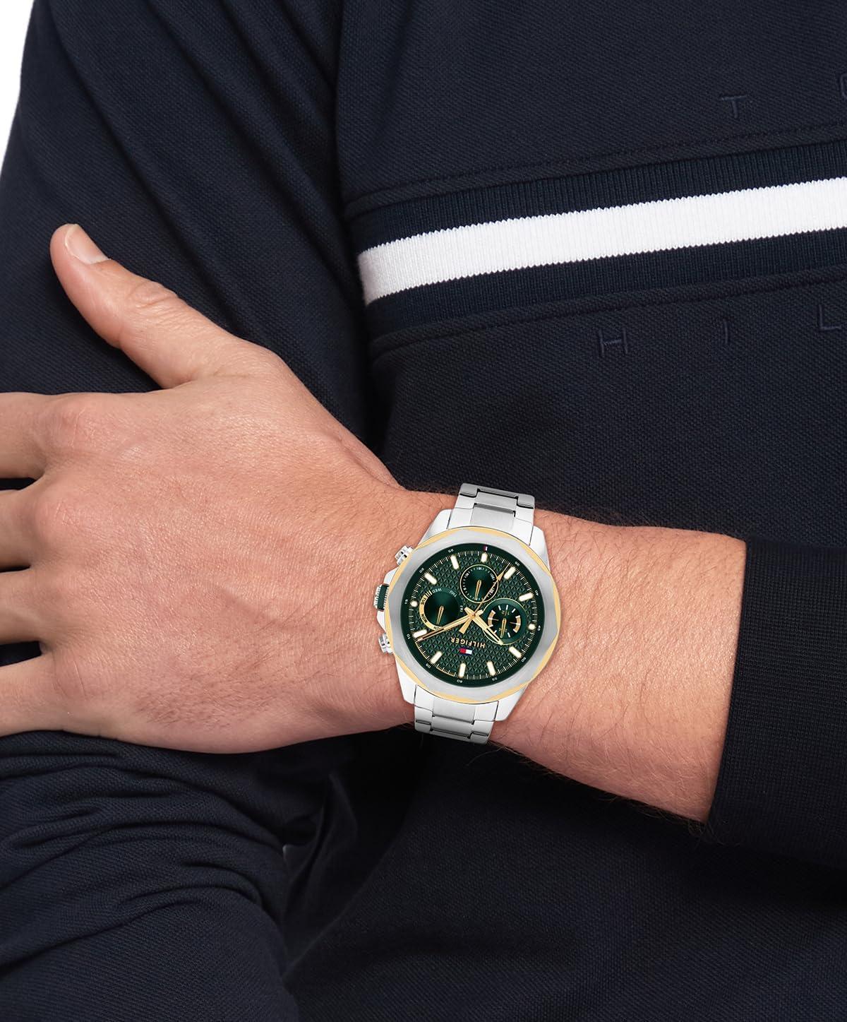 imageTommy Hilfiger Mens Multifunction Quartz Watch Stainless Steel Case 5 ATM Water Resistant Urban Style Timepiece Gift for HimSilverGreen