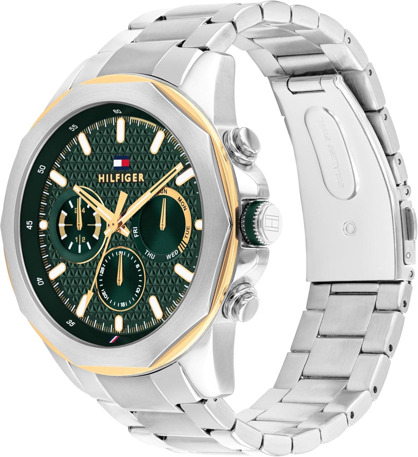 imageTommy Hilfiger Mens Multifunction Quartz Watch Stainless Steel Case 5 ATM Water Resistant Urban Style Timepiece Gift for HimSilverGreen