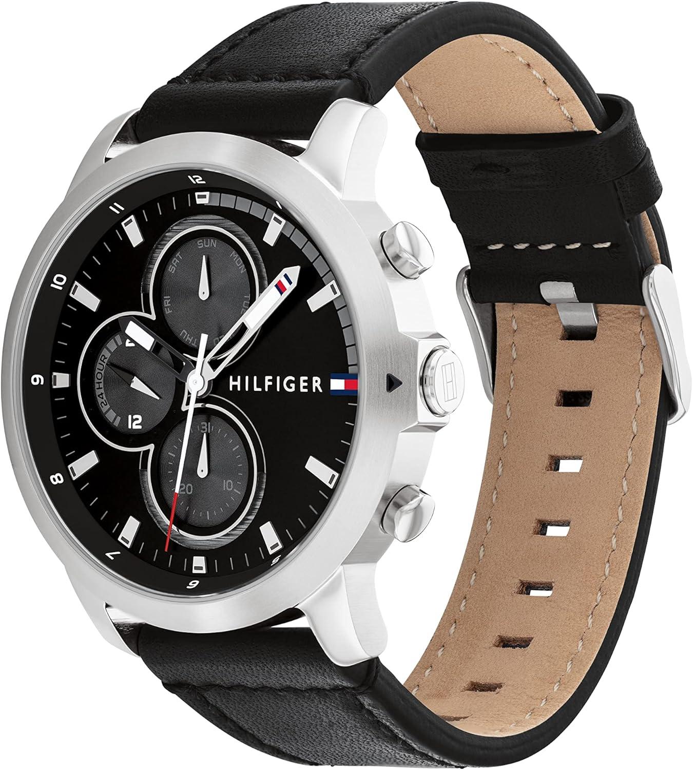 imageTommy Hilfiger Mens Multifunction Stainless Steel Case and Leather Strap Watch Color Brown Model 1792053Black