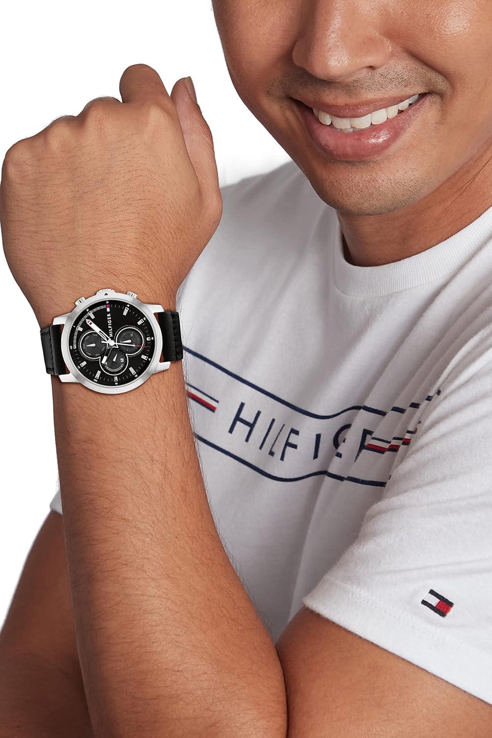 imageTommy Hilfiger Mens Multifunction Stainless Steel Case and Leather Strap Watch Color Brown Model 1792053Black