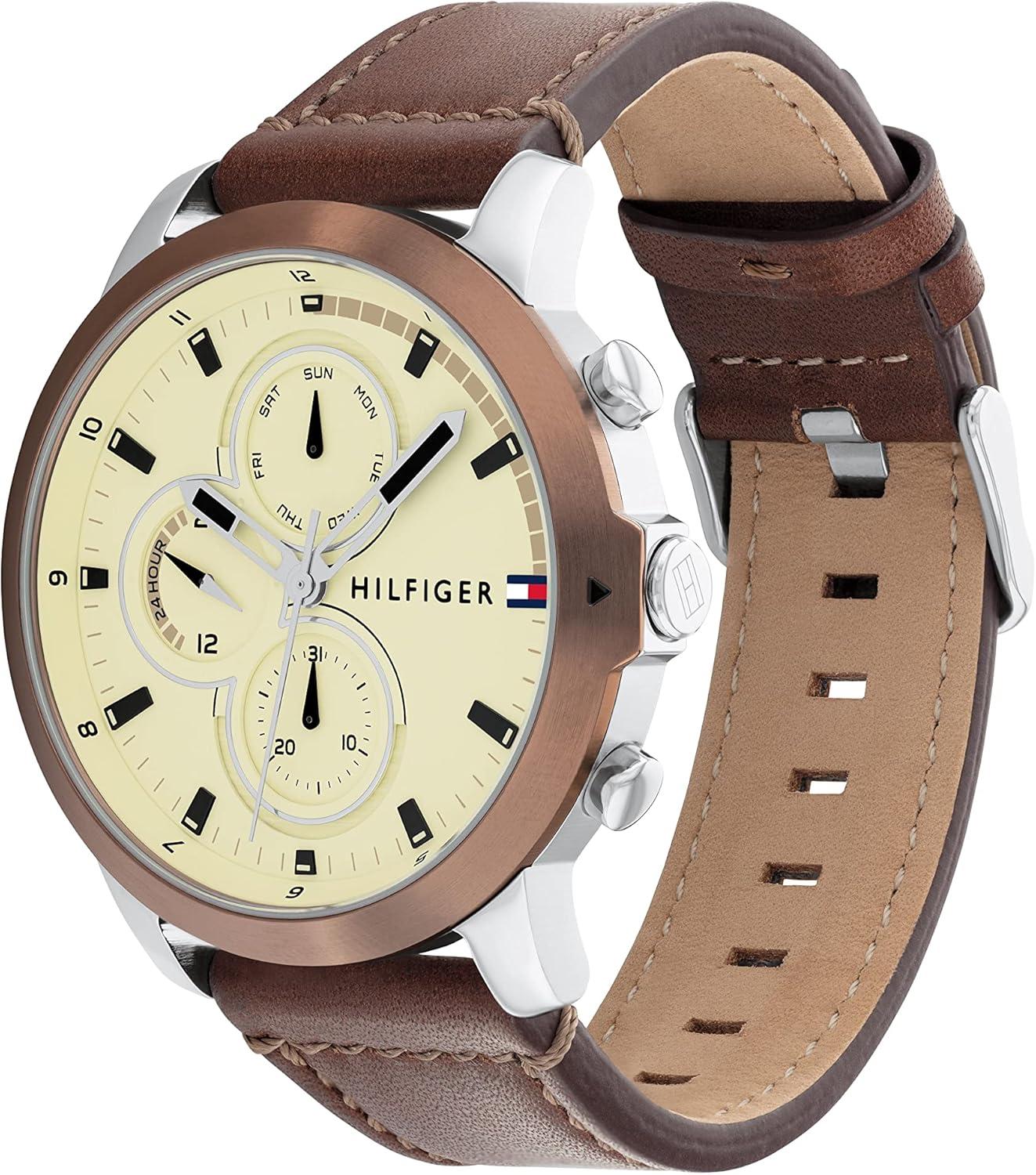 imageTommy Hilfiger Mens Multifunction Stainless Steel Case and Leather Strap Watch Color Brown Model 1792053Brown