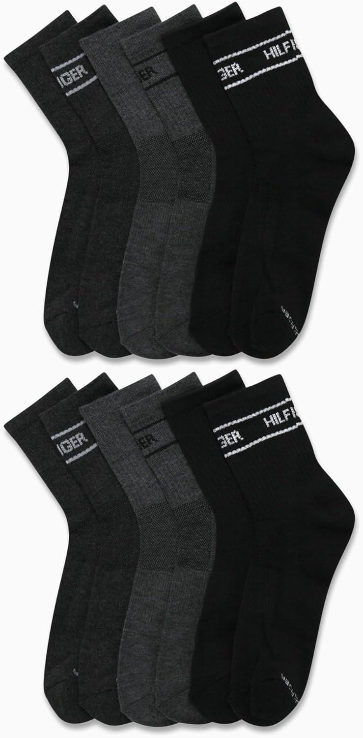 imageTommy Hilfiger Mens Quarter Socks 12 Pack Athletic Performance Cushioned Quarter Length Ankle Socks for Men for RunningBlack Grey Assorted