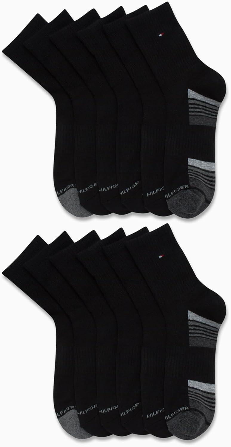 imageTommy Hilfiger Mens Quarter Socks 12 Pack Athletic Performance Cushioned Quarter Length Ankle Socks for Men for RunningBlack Multi Stripes