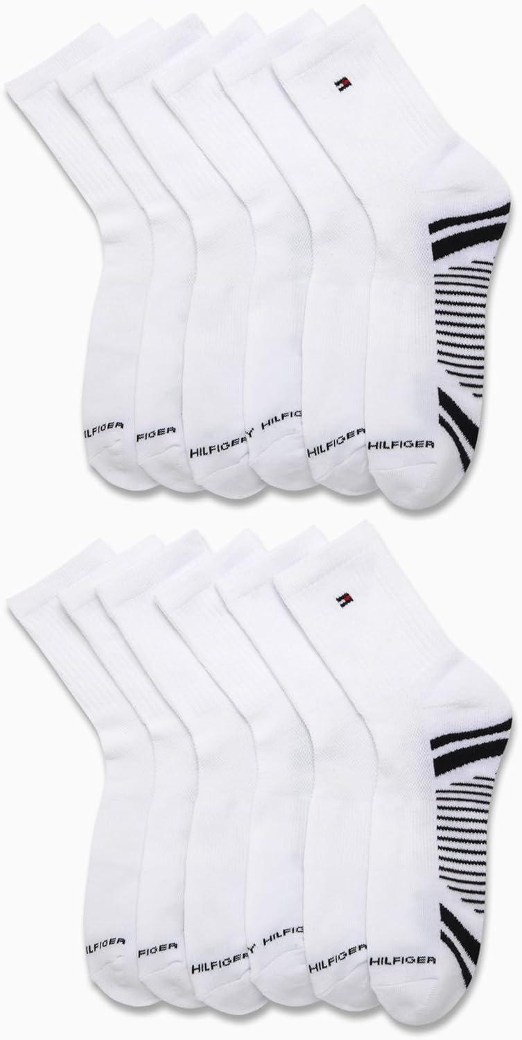 imageTommy Hilfiger Mens Quarter Socks 12 Pack Athletic Performance Cushioned Quarter Length Ankle Socks for Men for RunningWhite Multi