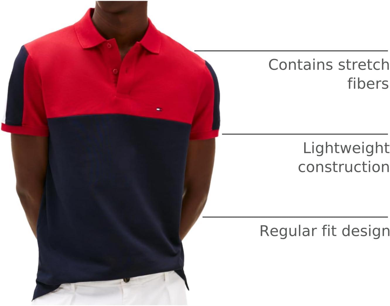imageTommy Hilfiger Mens Short Sleeve Casual Polo Shirts in Regular Fit with Stretch and Colorblock DesignsDesert Sky