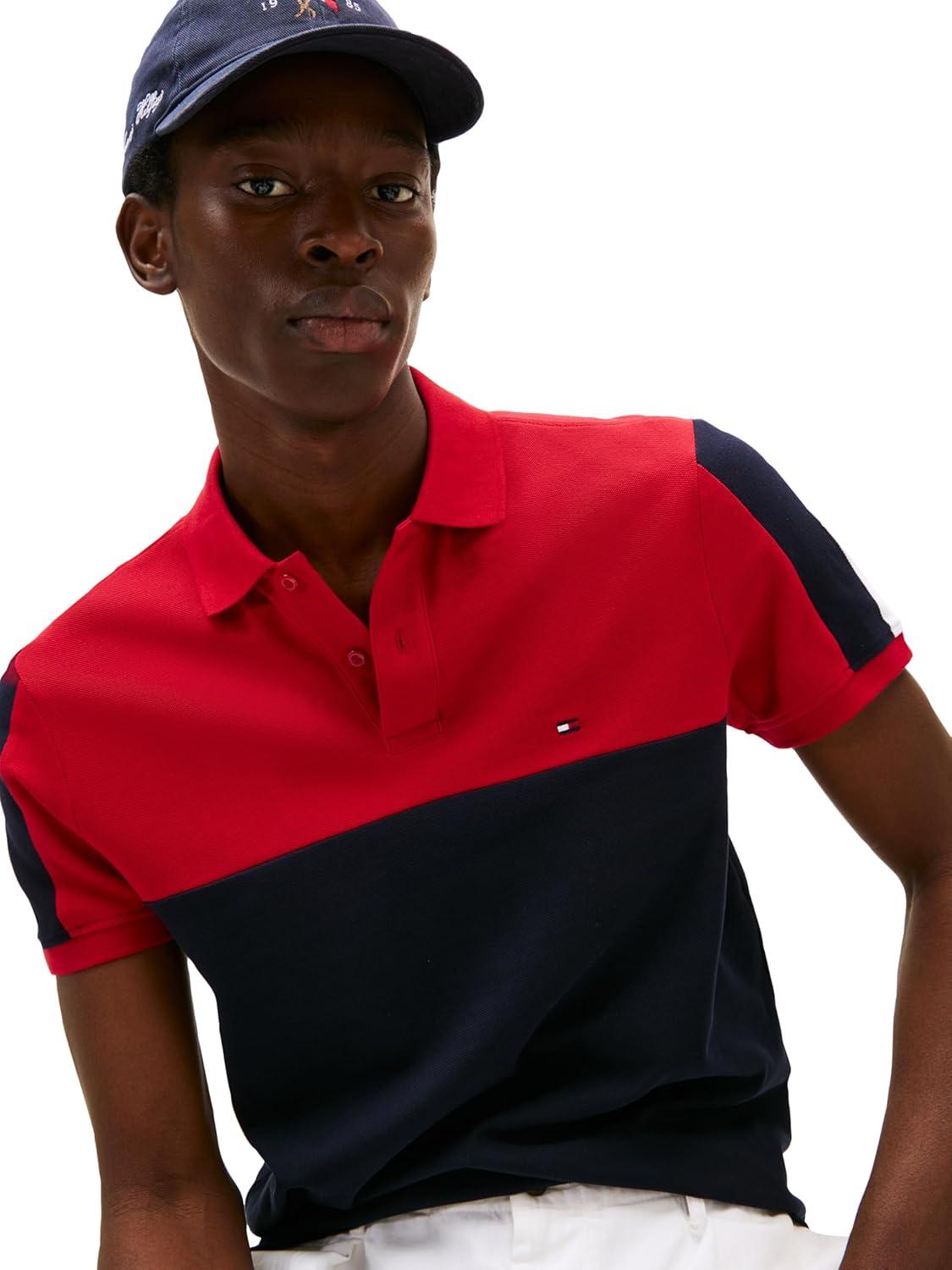 imageTommy Hilfiger Mens Short Sleeve Casual Polo Shirts in Regular Fit with Stretch and Colorblock DesignsDesert Sky