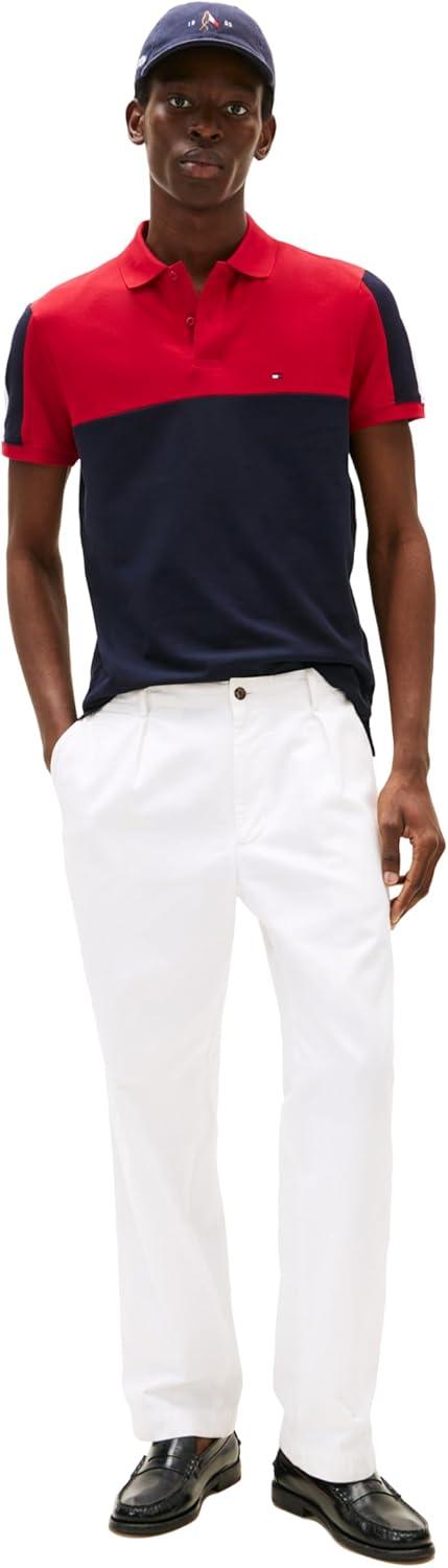 imageTommy Hilfiger Mens Short Sleeve Casual Polo Shirts in Regular Fit with Stretch and Colorblock DesignsDesert Sky