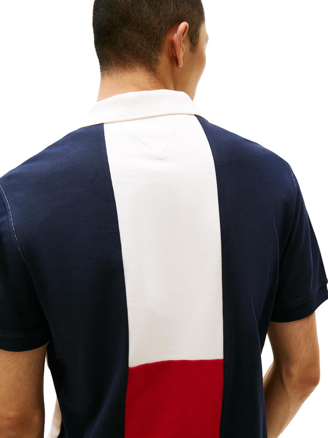 imageTommy Hilfiger Mens Short Sleeve Casual Polo Shirts in Regular Fit with Stretch and Colorblock DesignsWhite Stripe