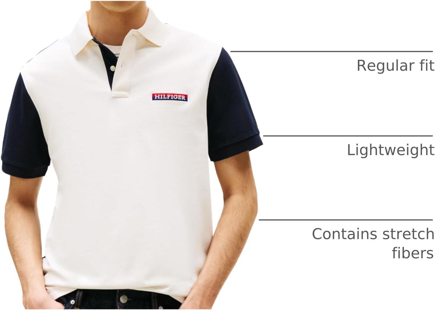 imageTommy Hilfiger Mens Short Sleeve Casual Polo Shirts in Regular Fit with Stretch and Colorblock DesignsWhite Stripe