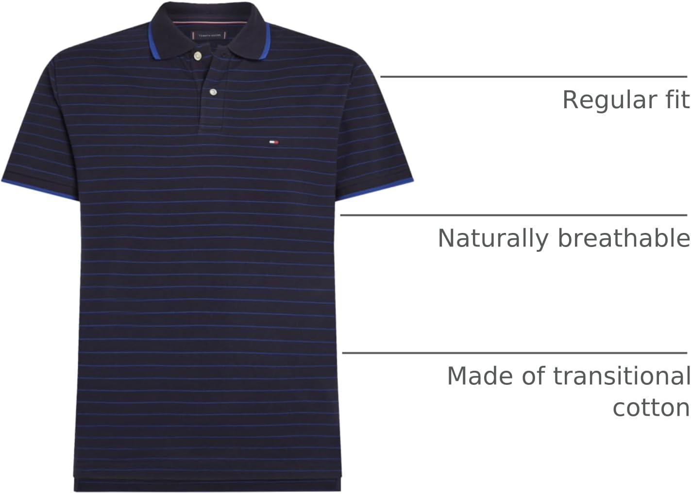 imageTommy Hilfiger Mens Short Sleeve Casual Polo Shirts in Regular Fit with Stripe DesignsDesert Sky Wedge Blue