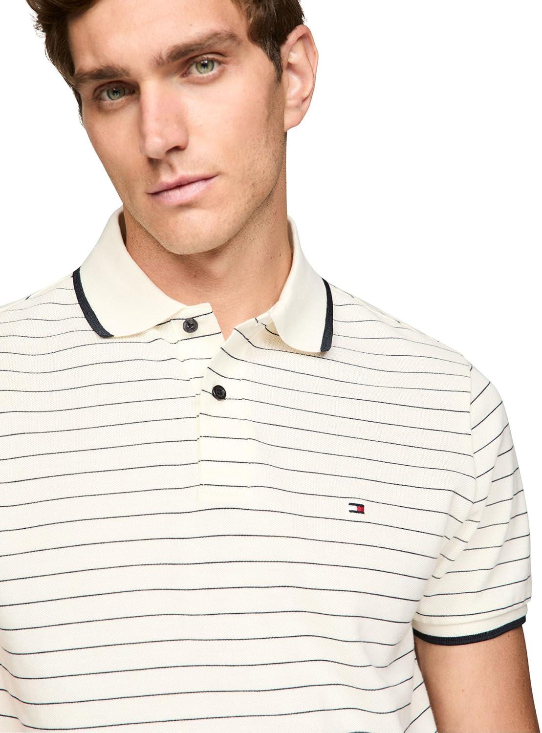 imageTommy Hilfiger Mens Short Sleeve Casual Polo Shirts in Regular Fit with Stripe DesignsIvory Petal Desert Sky
