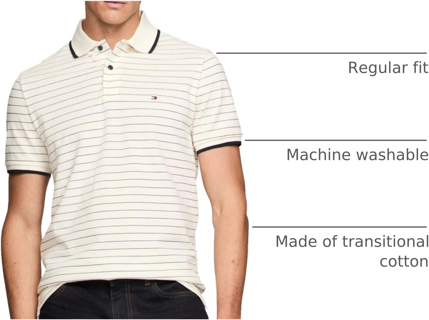 imageTommy Hilfiger Mens Short Sleeve Casual Polo Shirts in Regular Fit with Stripe DesignsIvory Petal Desert Sky