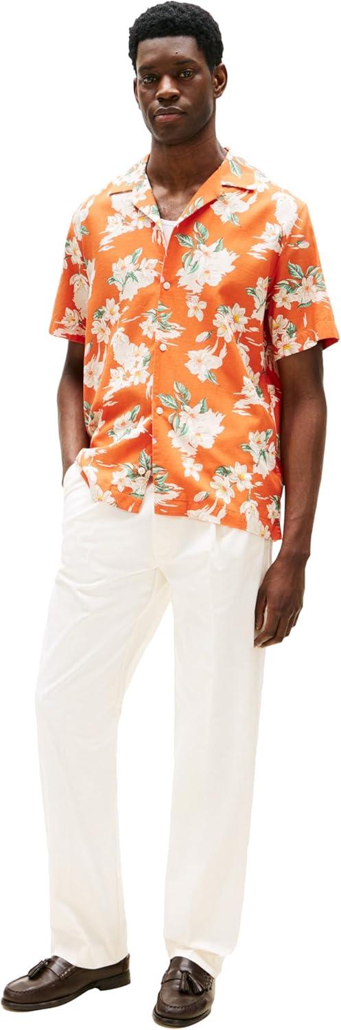 imageTommy Hilfiger Mens Short Sleeve Lightweight Button Down Shirts in Regular Fit Mens Casual Button Down Summer ShirtsBrilliant Orange Allover