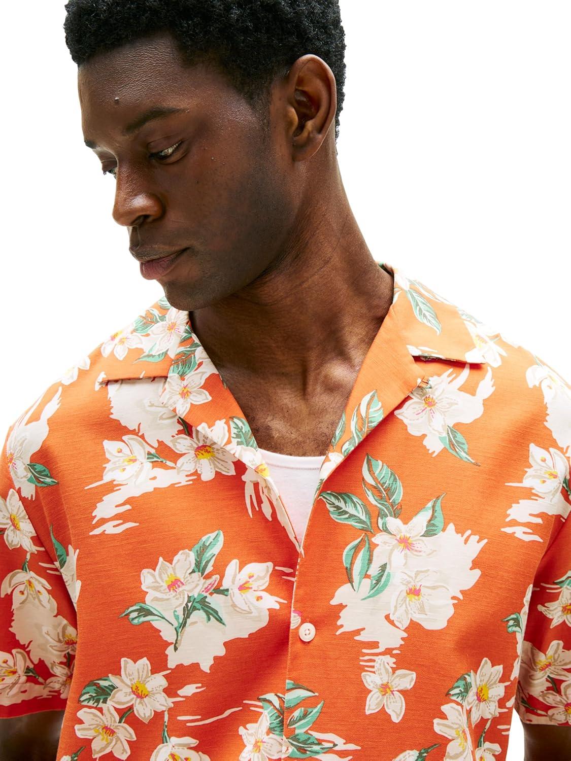 imageTommy Hilfiger Mens Short Sleeve Lightweight Button Down Shirts in Regular Fit Mens Casual Button Down Summer ShirtsBrilliant Orange Allover