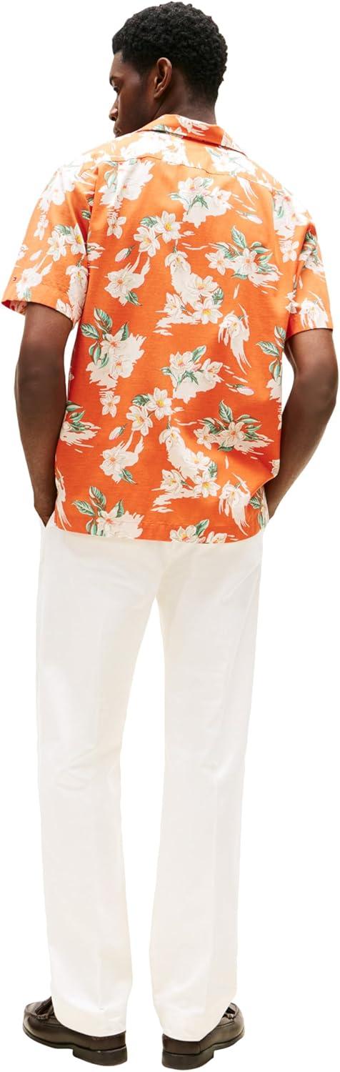 imageTommy Hilfiger Mens Short Sleeve Lightweight Button Down Shirts in Regular Fit Mens Casual Button Down Summer ShirtsBrilliant Orange Allover