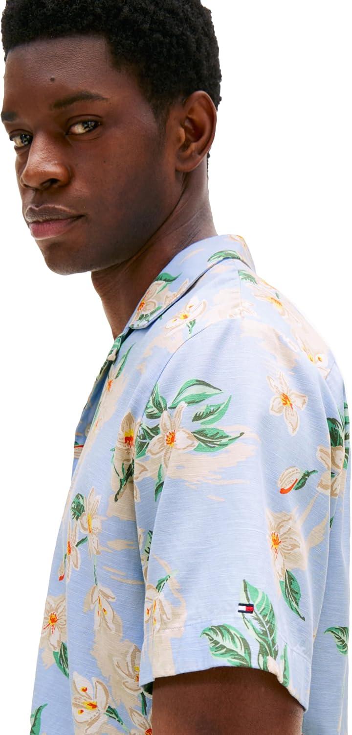 imageTommy Hilfiger Mens Short Sleeve Lightweight Button Down Shirts in Regular Fit Mens Casual Button Down Summer ShirtsSweet Blue Allover