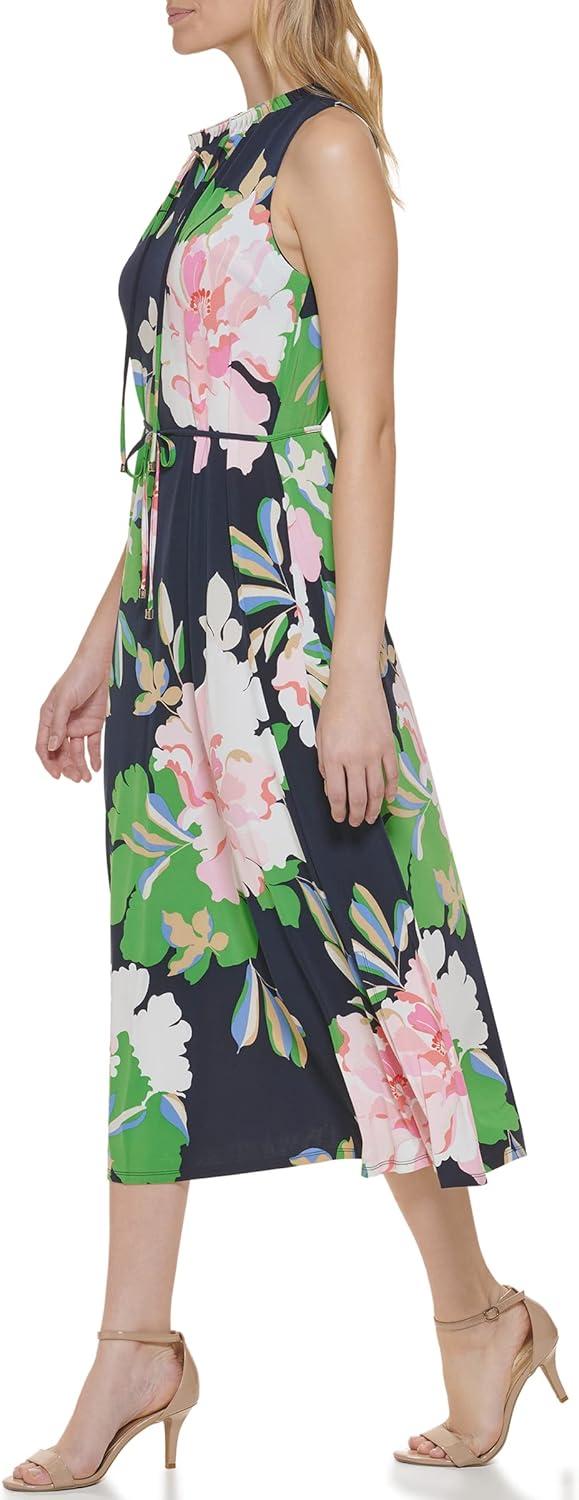 imageTommy Hilfiger Womens Balloon Sleeve Tie Neck Chiffon ALine Midi DressSky CaptainBloom