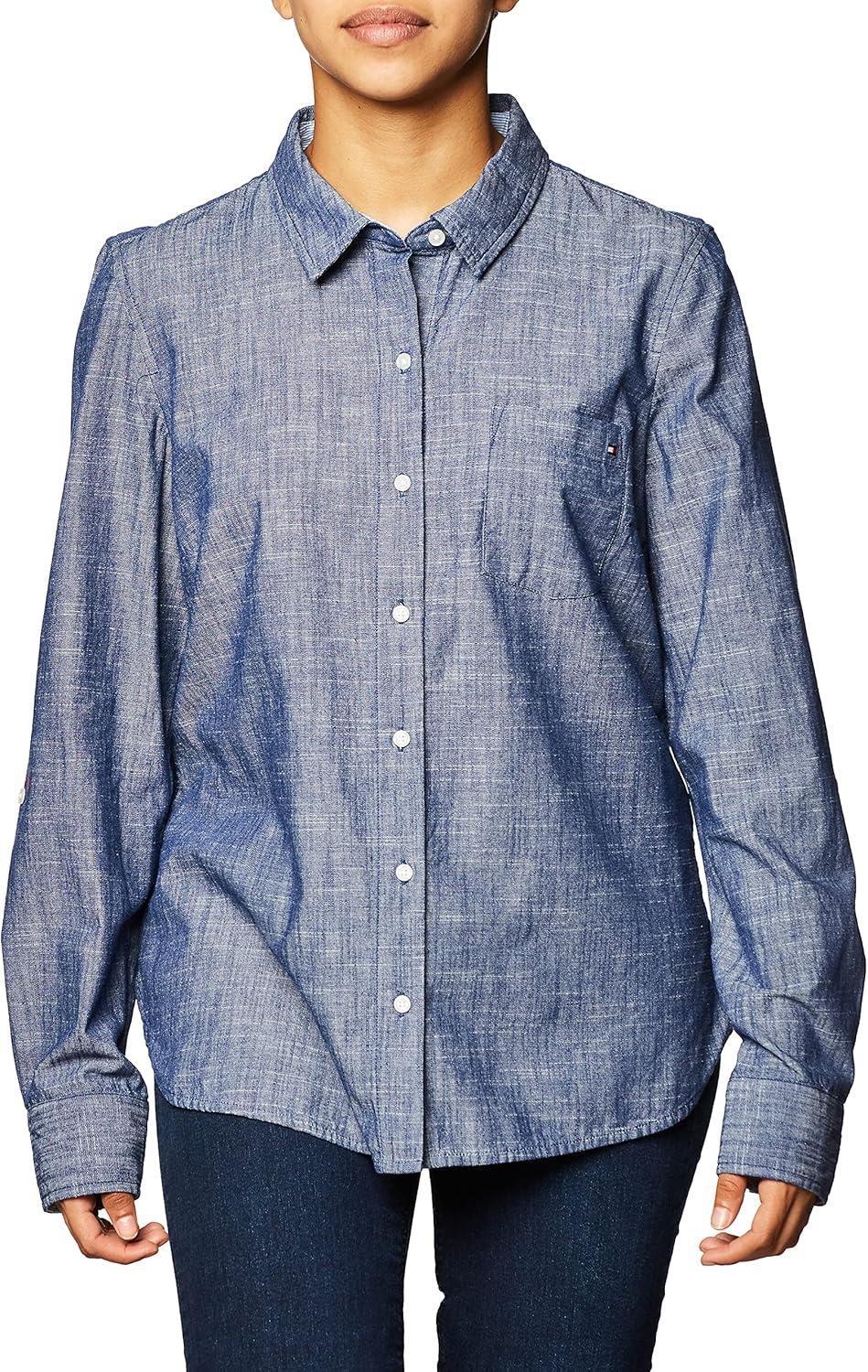 imageTommy Hilfiger Womens Button Down Long Sleeve Collared Shirt with Chest PocketChambray