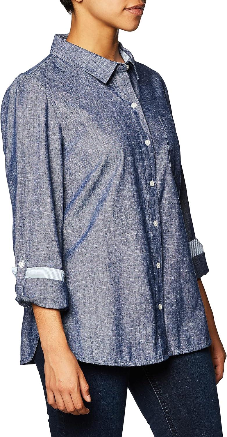 imageTommy Hilfiger Womens Button Down Long Sleeve Collared Shirt with Chest PocketChambray