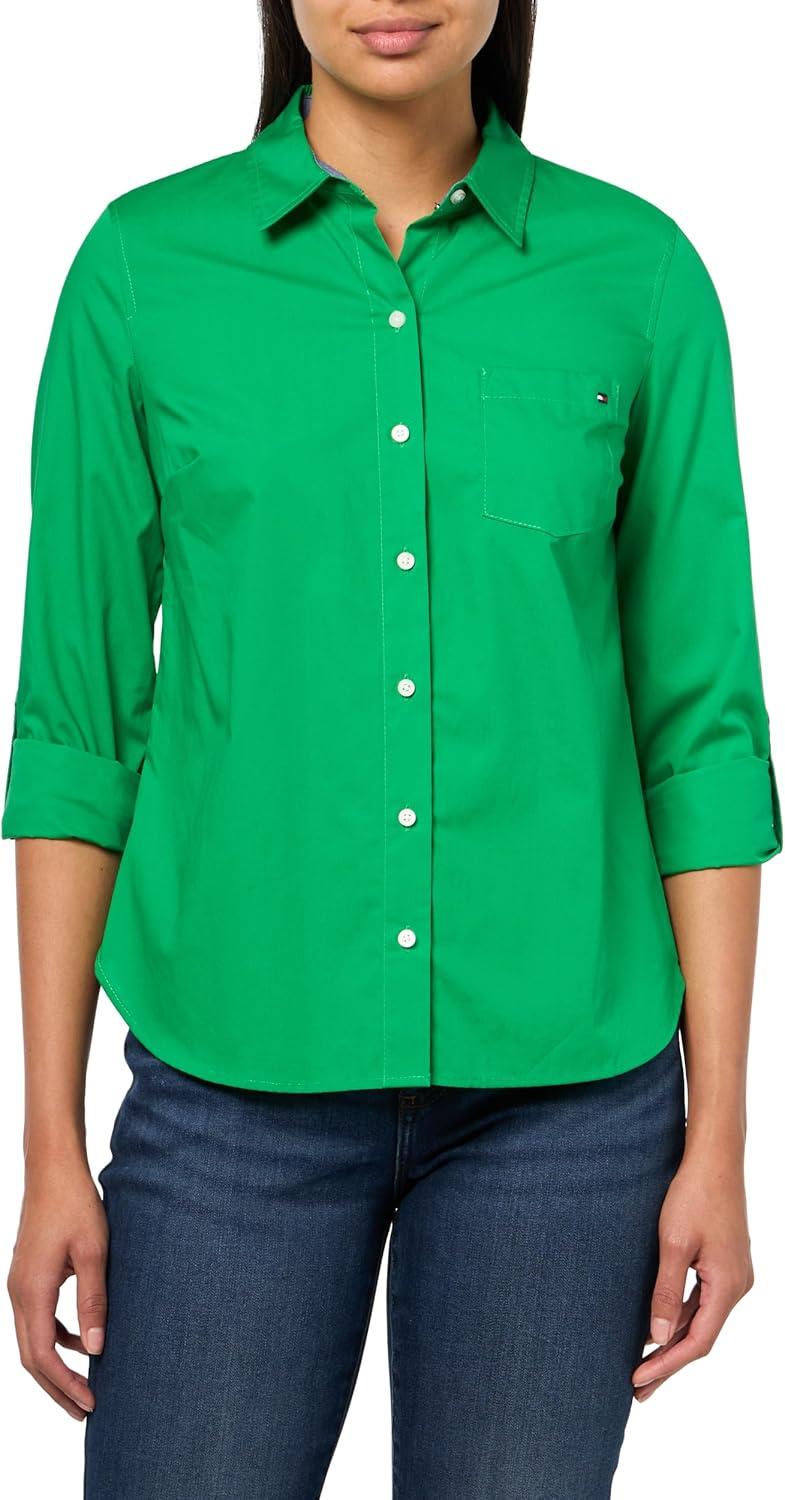 imageTommy Hilfiger Womens Button Down Long Sleeve Collared Shirt with Chest PocketFern