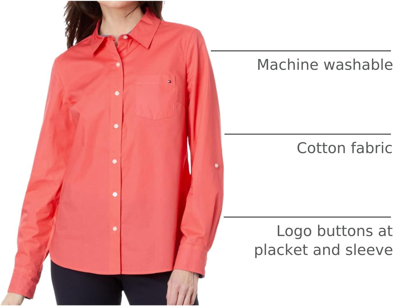 imageTommy Hilfiger Womens Button Down Long Sleeve Collared Shirt with Chest PocketSherbet