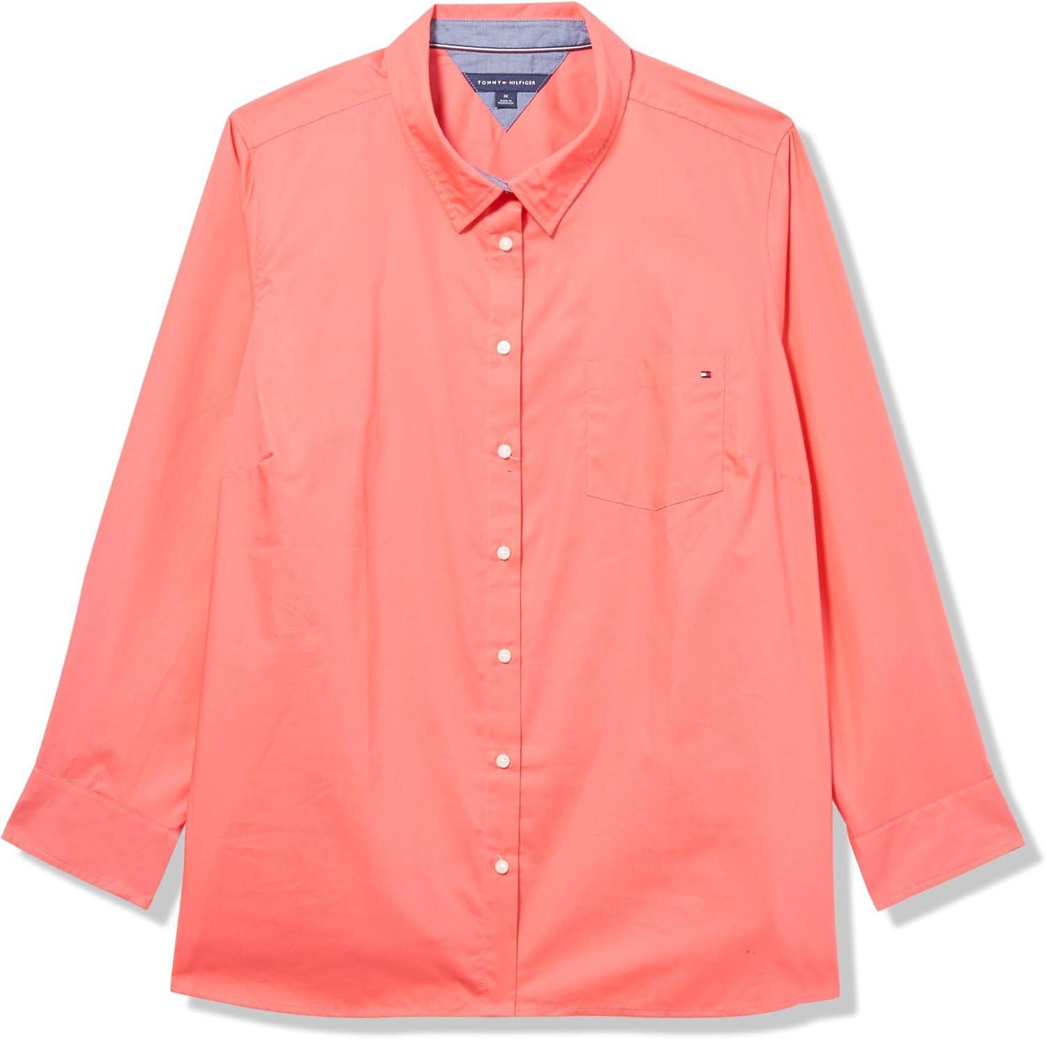 imageTommy Hilfiger Womens Button Down Long Sleeve Collared Shirt with Chest PocketSherbet