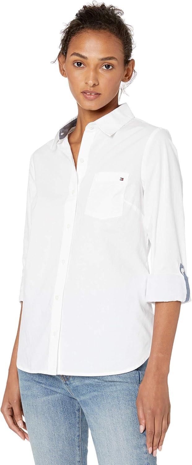 imageTommy Hilfiger Womens Button Down Long Sleeve Collared Shirt with Chest PocketWhite