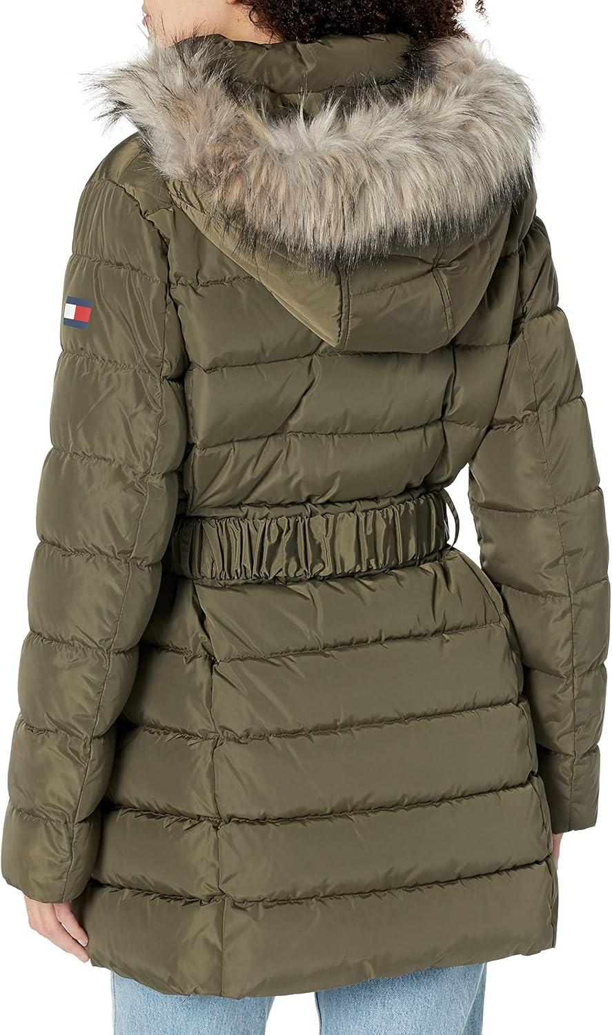 imageTommy Hilfiger Womens Fur Long Puffer Hooded Belt JacketJuniper