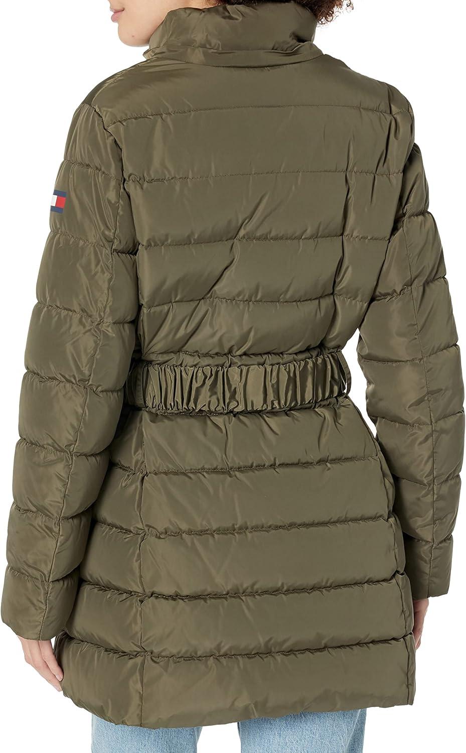 imageTommy Hilfiger Womens Fur Long Puffer Hooded Belt JacketJuniper