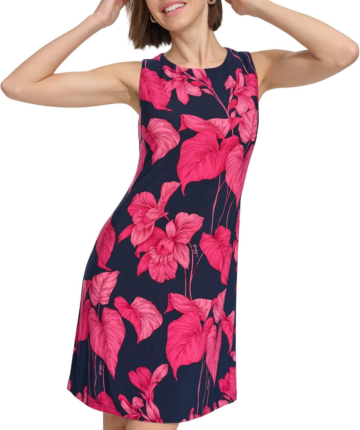 imageTommy Hilfiger Womens Lace Trim Short Sleeve Shift DressSky CaptainCarmine Rose