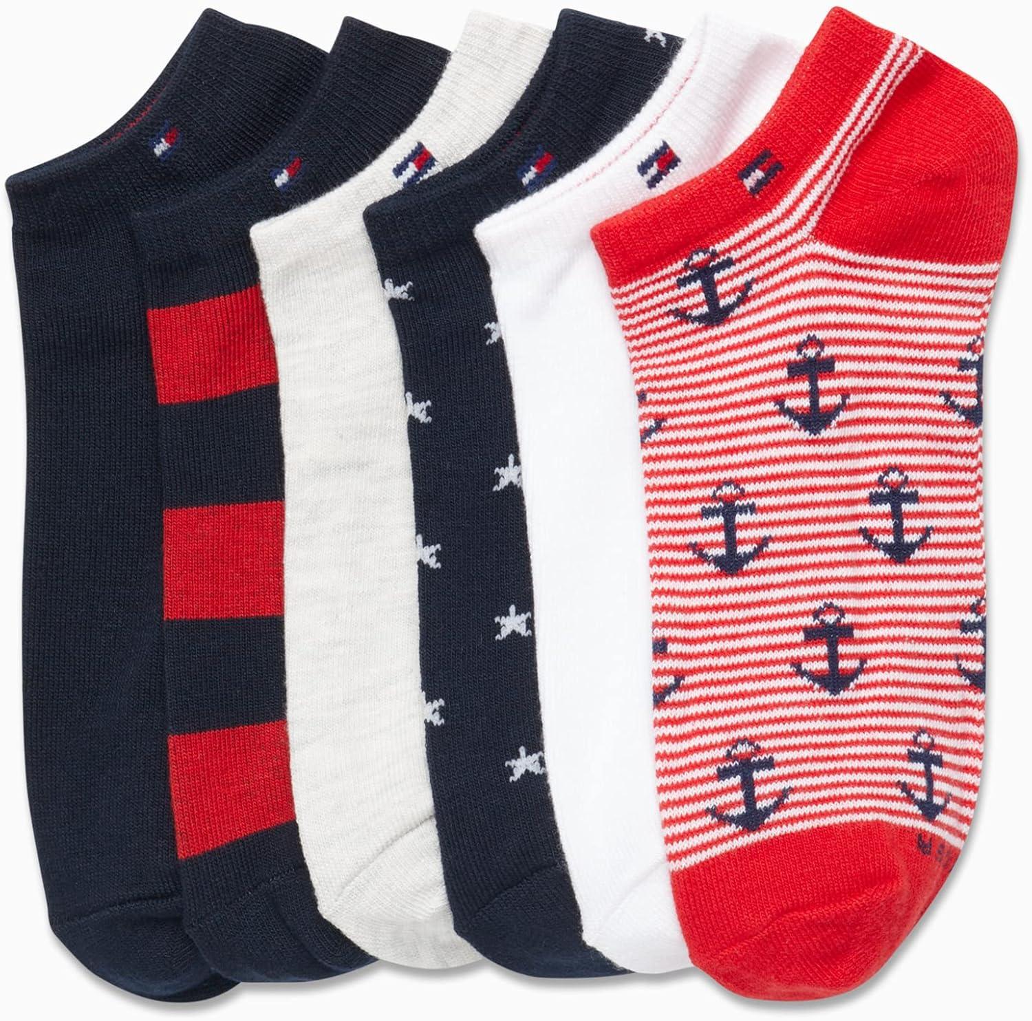 imageTommy Hilfiger Womens No Show Socks 6 Pack Cotton Blend Lightweight Cushioned Flat Liner Socks for WomenRed Assorted