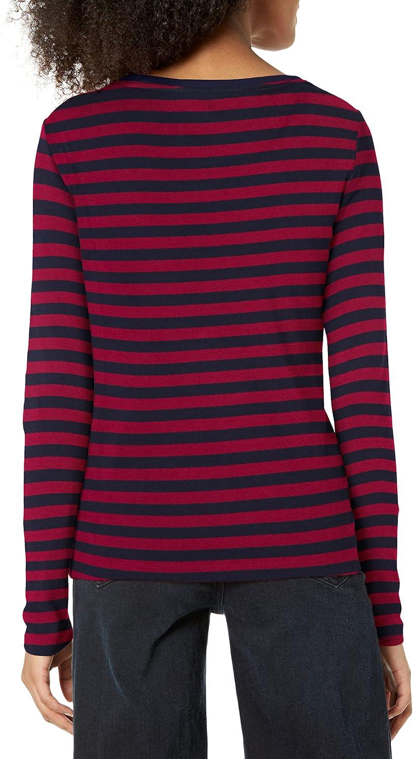 imageTommy Hilfiger Womens Solid ScoopNeck LongSleeve TopCrimsonSky Captain Stripe