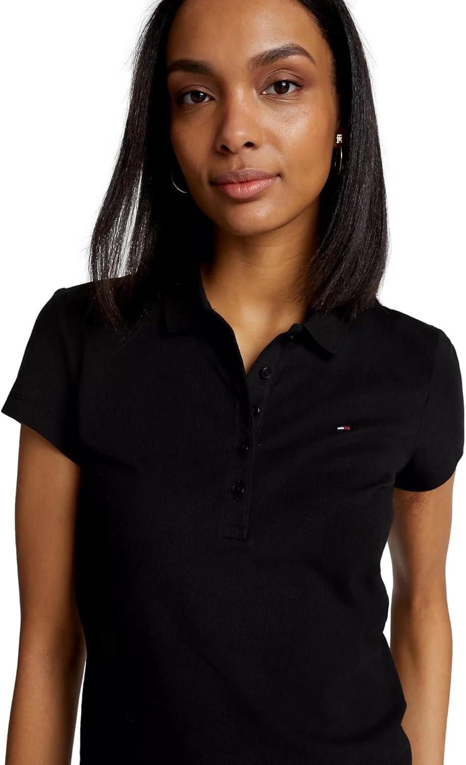 imageTommy Hilfiger Womens Solid Short Sleeve Pique Polo ShirtDark Sable Black
