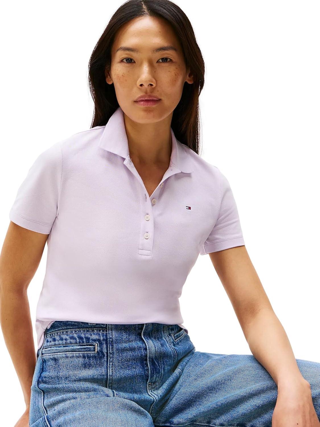 imageTommy Hilfiger Womens Solid Short Sleeve Pique Polo ShirtLilac Sprig