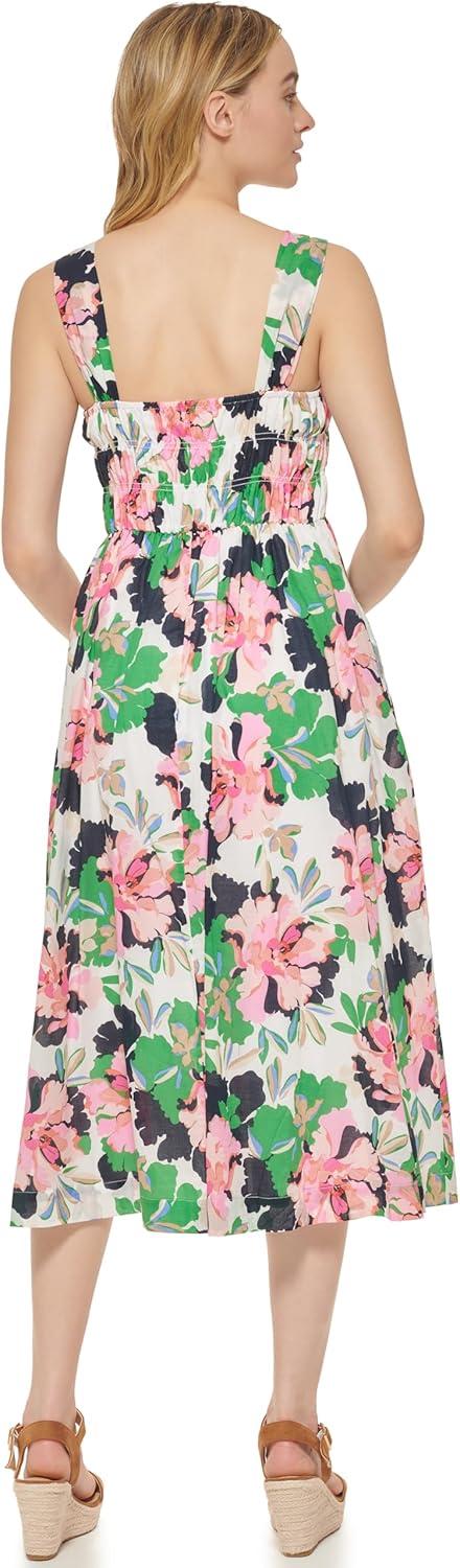 imageTommy Hilfiger Womens Square Neck Smocked Floral Midi DressIvoryBloom