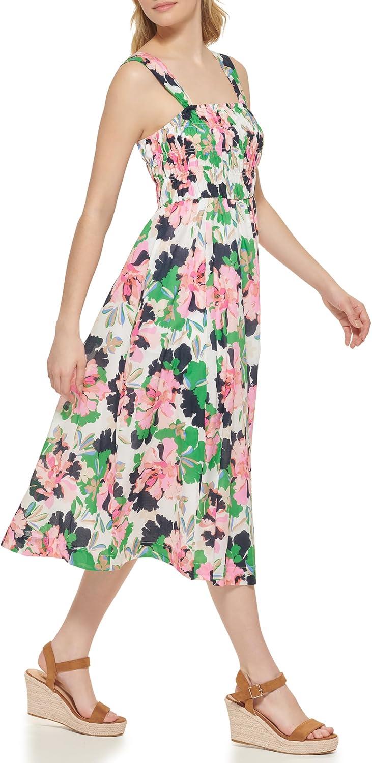 imageTommy Hilfiger Womens Square Neck Smocked Floral Midi DressIvoryBloom