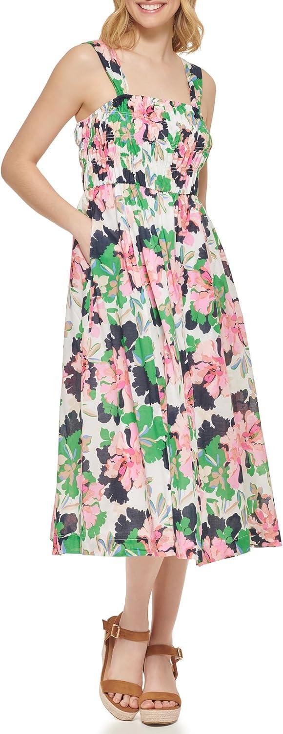 imageTommy Hilfiger Womens Square Neck Smocked Floral Midi DressIvoryBloom